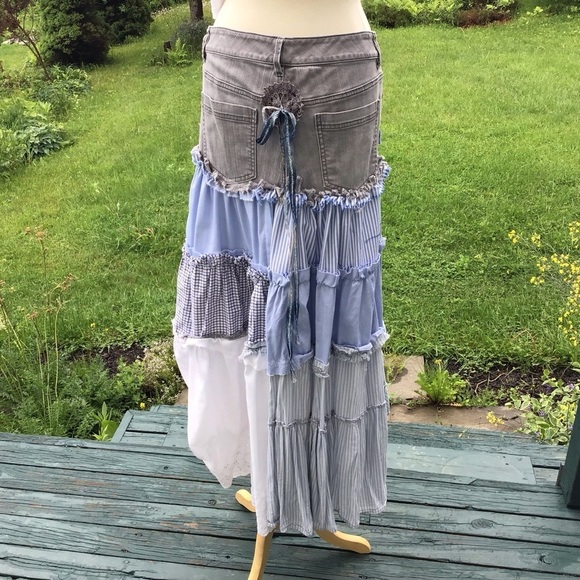 Boho up-cycled tiered patchwork jean mens shirts white eyelet maxi skirt M/L - Picture 7 of 9